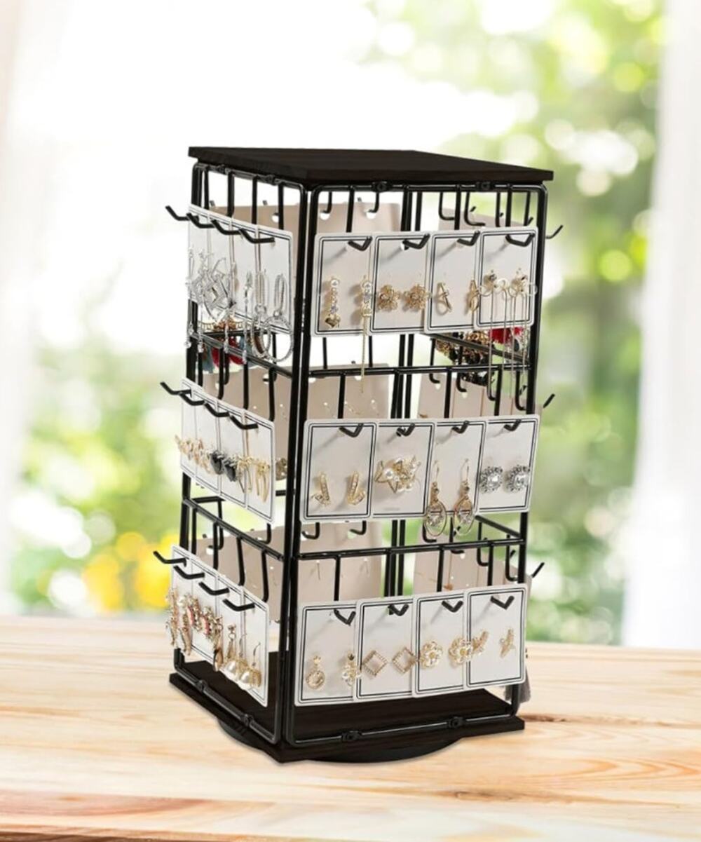 Jewelry Display Stand Wooden Earring Holder Organizer Spinning Lazy Susan Black